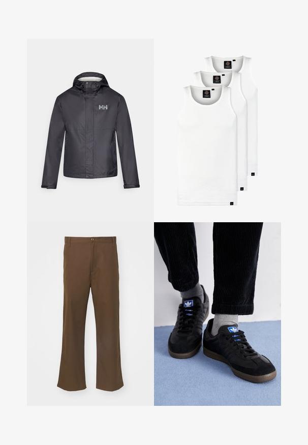 Black waterproof jacket with a hood, featuring a zip front, elastic cuffs, and a white logo on the left chest. Smooth, lightweight material.; Three white ribbed tank tops made of cotton. Features a crew neck and small black labels near the hem. Available in multiple sizes.; Brown flared trousers made of smooth fabric with a button closure, featuring front pockets and straight seams along the legs.; Black sneakers with suede and leather material, featuring a blue logo and brown rubber sole. Paired with gray socks and corduroy pants.