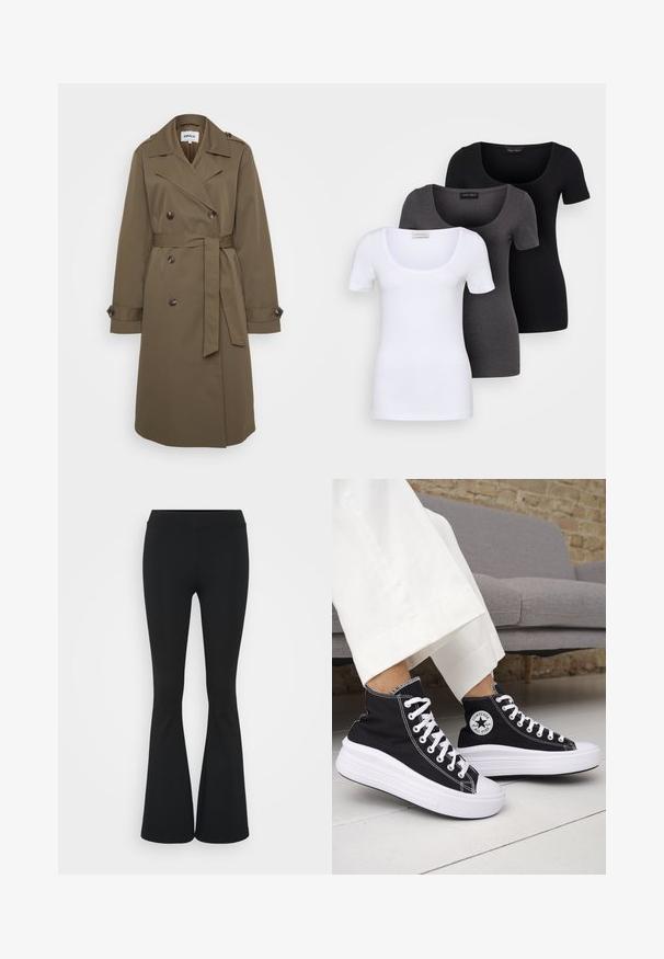 Olīvzaļš trenču mētelis ar dubulto priekšpusi, lieliem pogām un jostu. Izgatavots no gludas, izturīgas audiem ar klasisku siluetu.; Trīs pieguļoši T-krekli baltā, pelēkā un melnā krāsā. Katram ir plaša izgriezuma kakla un īsas piedurknes. Izgatavoti no gluda, elastīga auduma.; Melnas izplešanās bikses, izgatavotas no elastīga auduma, ar augstu vidukli un gludu tekstūru. Bikses izvēršas no ceļa.; Melnas augstās topa kedas ar baltām gumijas zolēm un auklām. Tās ir ar apaļu logotipa uzšuvumu un kontrastējošām baltām šuvēm. Materiāls no kanvas.