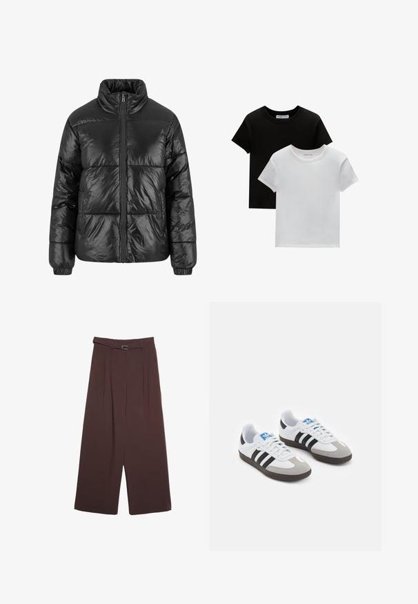 Černá péřová bunda s vysokým límcem, předním zipem a elastickými manžetami. Povrch má lesklou texturu s prošívanými panely.; Dvě trička s kulatým výstřihem v černé a bílé barvě, vyrobená z bavlny. Mají krátké rukávy a jednobarevný design bez vzorů nebo akcentů.; Stradivarius WIDE-LEG WITH BUCKLE DETAIL - Kalhoty - dark brown; Sportovní boty s bílým koženým svrškem, šedou semišovou špičkou a třemi černými pruhy. Obsahují modré logo na jazyku a texturovanou gumovou podrážku.