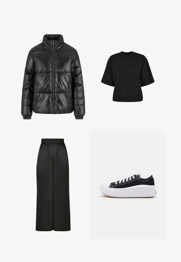 Črni puhovnik s visokim ovratnikom, sprednjim zadrgo in elastičnimi manšetami. Površina ima sijočo teksturo z všitimi paneli.; Črna kratka majica iz bombaža. Ima kratke roke in okroglo izreza. Gladka tekstura z enostavnim dizajnom, brez dodatnih vzorcev.; Črne široke hlače iz gladkega, sijočega materiala z elastičnim pasom in brez vidnih žepov ali kovinskih detajlov.; Črne platnene športne copate z belimi vezalkami, belim gumijastim prstnim zaščitnikom in masivnim belim srednjim podplatom. Imajo subtilne bele šive in gumijast podplat.