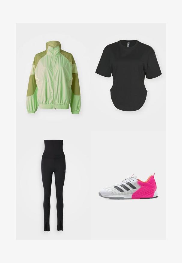 adidas by Stella McCartney TRACKTOP - Träningsjacka - glow green/halo gold; Svart kortärmad T-shirt i bomull. Rund halsringning med en kurvad fåll och sidoflikar. Slät textur, avslappnad passform.; adidas by Stella McCartney Tights - black; Vit träningsskor med grå ränder, mesh-oversdel och rosa häl och detaljer. Har strukturerad häl och gummisula. Snören och vadderad krage.