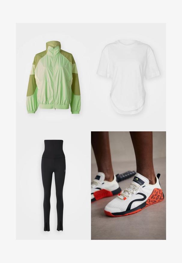 adidas by Stella McCartney TRACKTOP - Training jacket - glow green/halo gold; White cotton t-shirt featuring a round neckline, short sleeves, and a curved hem. Smooth texture with no patterns or accents.; adidas by Stella McCartney Leggings - black; White athletic shoes with a black and orange leopard print accent. Features a textured fabric upper, rubber sole, and lacing system.