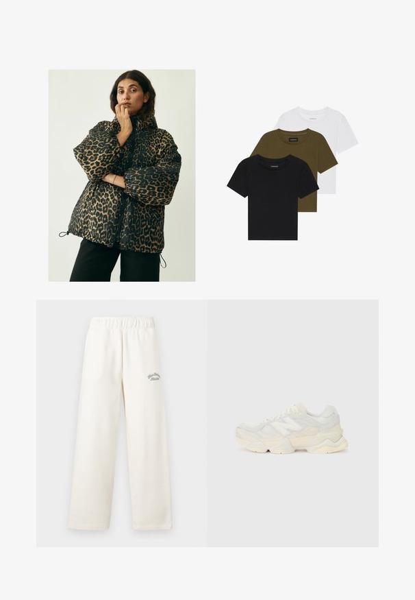 Global Funk NORA-G - Winterjacke - leopard mist; Drei Rundhals-T-Shirts in Schwarz, Olivgrün und Weiß. Kurzarm, gerippte Ausschnitte und eine körperbetonte Passform.; Cremfarbene, weit geschnittene Hose aus weichem Material mit einem elastischen Bund. Auf der Vorderseite ist dezent grüner Sticktext zu sehen.; Leichte Sneaker mit einem Obermaterial aus Mesh und Wildleder in sanften Cremetönen, einer dicken Sohle und dreidimensionalen Akzenten.