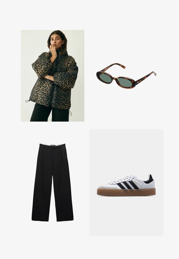 Global Funk NORA-G - Jachetă de iarnă - leopard mist; Top de bumbac alb fără mâneci, cu bretele late, decolteu rotund și o textură netedă, cu rigle. Fără modele sau accente prezente.; Pantaloni negri cu picioare largi, confecționați dintr-un material neted. Au plisaje frontale, o talie cu bucle pentru curea și o siluetă ajustată.; Adidași din piele albă cu dungi negre, talpă din cauciuc, vârf rotund, sistem de închidere cu șireturi și capac de vârf din nubuc gri moale.; Ochelari de soare cu ramă din scoică de broască țestoasă și lentile verzi. Au brațe subțiri cu un accent metalic aproape de balamale.