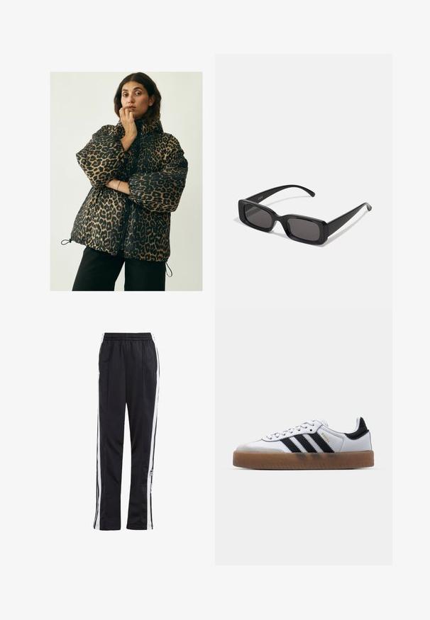 Global Funk NORA-G - Veste d'hiver - leopard mist; Débardeur en coton blanc avec de larges bretelles, un col rond et une texture lisse et côtelée. Aucun motif ni accent présent.; Pantalons de jogging noirs avec des rayures latérales blanches, taille élastique et un patch logo. Fabriqués en tissu lisse et léger. Design à jambe droite.; Baskets en cuir blanc avec des rayures noires, semelle extérieure en caoutchouc beige, bout rond, fermeture lacée et embout en suède gris doux.; Lunettes de soleil noires rectangulaires avec des verres foncés, finition brillante, larges branches et un design de monture épaisse. Nom de marque gravé sur une branche.