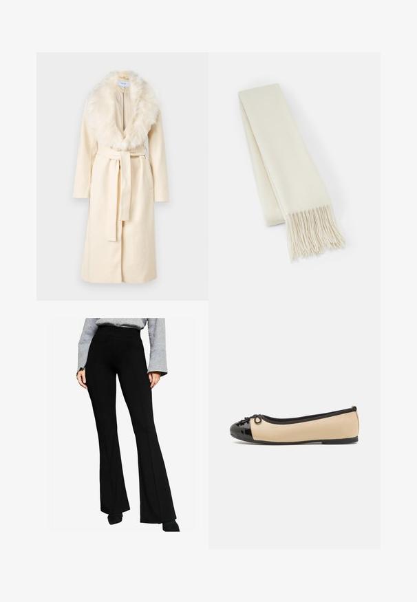 VILA VIMETIL LONG COAT - Palton clasic - birch; Pulover de culoare crem deschis, cu mâneci lungi, guler rotund și tiv ondulat. Confecționat dintr-un material moale, având o textură netedă.; Pantaloni negri evazați dintr-un material elastic, cu un talie înaltă și detalii de cusătură pe față, asortați cu un top gri cu mânecă lungă.; Balerini din piele bej cu vârf din piele lacuită neagră. Au un mic detaliu sub formă de fundă în față. Talpă plată.; Fular alb din lână, de formă rectangulară, cu textură netedă, având capete ciufulite pentru un detaliu suplimentar.