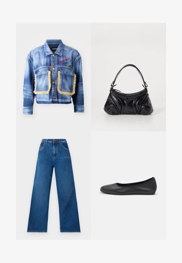 Denim jacket with a light blue wash, featuring two large fringed pockets, embroidered details and a buttoned front closure.; White long-sleeve collared shirt made of cotton. Features a button-down front and a single chest pocket. Smooth texture, relaxed fit.; Wide-leg jeans in dark blue denim with a high waist, featuring front and back pockets, and contrast stitching details.; Black leather ballet flat with a rounded toe, smooth texture, minimal stitching detail, and a flexible sole design.; Black handbag made of textured leather with a rounded shape. Features a thin shoulder strap and decorative embossed patterns.