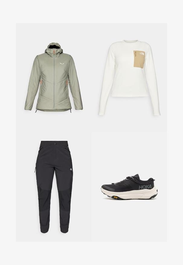 Salewa PUEZ CATINACCIO JACKET - Casaco para exterior - shadow; Camisa branca de mangas longas feita de tecido texturizado, com um bolso de couro bege apresentando um cordão e o logótipo.; Calças pretas para exterior feitas de um tecido resistente. Apresentam bolsos com fecho, painéis de joelhos reforçados e um design de corte reto para maior mobilidade.; Ténis de desporto pretos com um cabedal em malha respirável, sola de borracha, entressola branca com amortecimento e atacadores refletivos. Logótipo Vibram na sola.