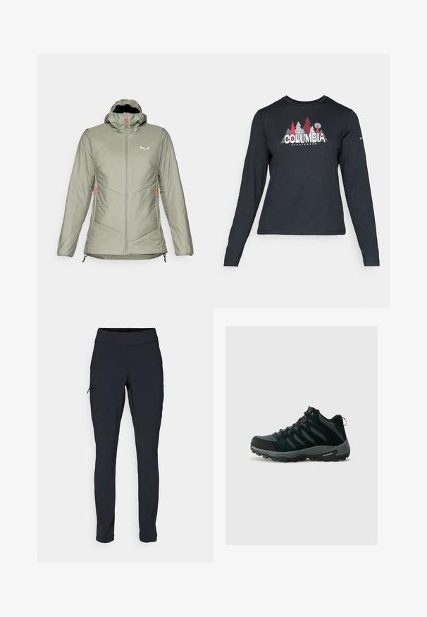 Salewa PUEZ CATINACCIO JACKET - Lauko striukė - shadow; Ilga rankovė tamsiai pilka marškinėliai su raudonų medžių ir kalnų grafika; drąsaus baltos spalvos teksto "COLUMBIA" logotipas. Minkšta medžiaga, standartinis apvalus kaklas.; Juodi sportiniai medvilniniai kelnių modeliai su siauru kirpimu, elastinga juosmens juosta ir šonine kišene su užtrauktuku. Lygus, elastingas audinys su minimaliais siūlės.; Columbia REDMOND - Turistiniai batai - black/citron haze