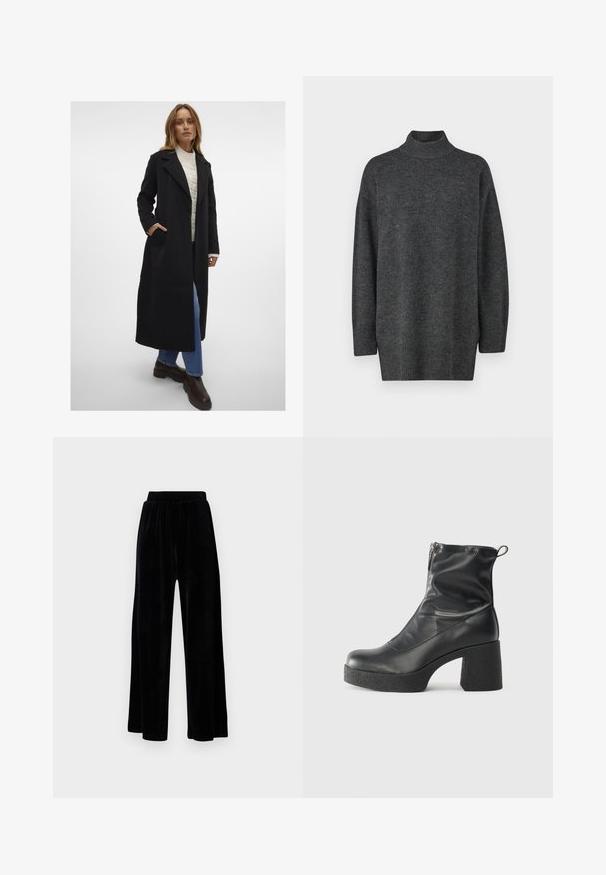 Vero Moda VMFORTUNEAYA LONG COAT - Cappotto classico - black; Maglione grigio scuro, oversize, con collo alto realizzato in morbido materiale a maglia, maniche lunghe e orlo a coste; texture liscia, design minimalista.; Pantaloni neri a gamba larga realizzati in morbido velluto, dotati di una cintura elastica e una superficie liscia, senza dettagli o motivi visibili.; Stivali neri alla caviglia in pelle liscia, con zip laterale, tacco spesso e texture, e punta arrotondata.