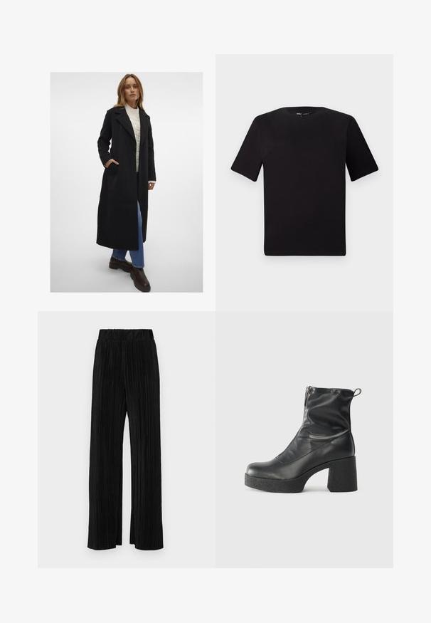 Vero Moda VMFORTUNEAYA LONG COAT - Klassisk kåpe / frakk - black; Svart t-skjorte med korte ermer og rund hals, laget av mykt bomullsstoff. Enkelt design, ingen synlige logoer eller mønstre.; Sorte plisserte bukser med elastisk midje. Har vide ben og et glatt, strukturert stoff med vertikale striper.; Svarte ankelstøvler laget av glatt lær, med glidelås på siden, chunky strukturert hæl, og rund tå-design.