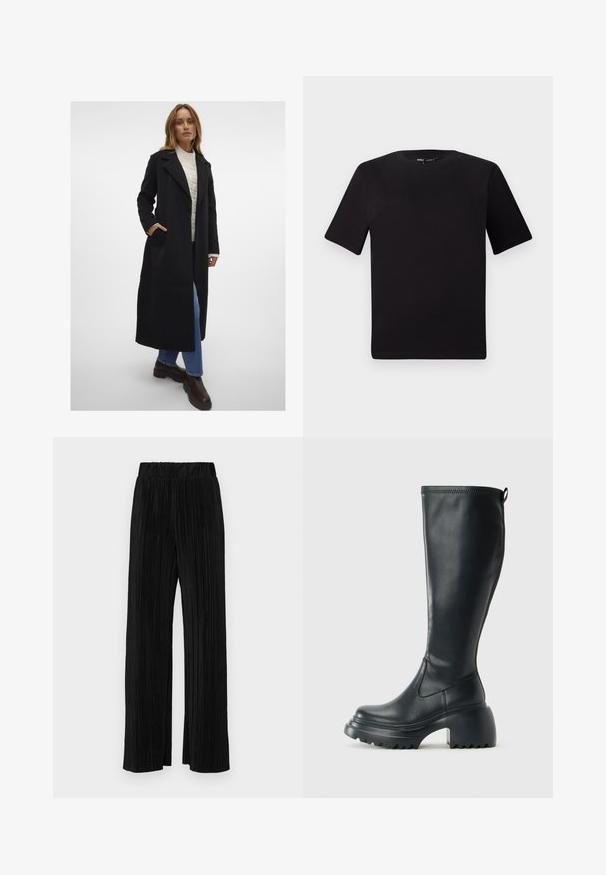 Vero Moda VMFORTUNEAYA LONG COAT - Klassikaline mantel - black; Must olema lühikeste varrukatega must t-särk ümmarguse kaelusega, valmistatud pehmest puuvillast kangast. Lihtne disain, ilma nähtavate logode või mustriteta.; Mustad pleekitud püksid elastse vöökohtaga. Omavad laiad jalad ja sujuvat, tekstureeritud kangast vertikaalsete triipudega.; Kõrge must nahksaapad, millel on massiivne platvormi tald ja blokk-kand, varustatud tõmbenööriga ja tekstuuriga väljatõmbejääk.