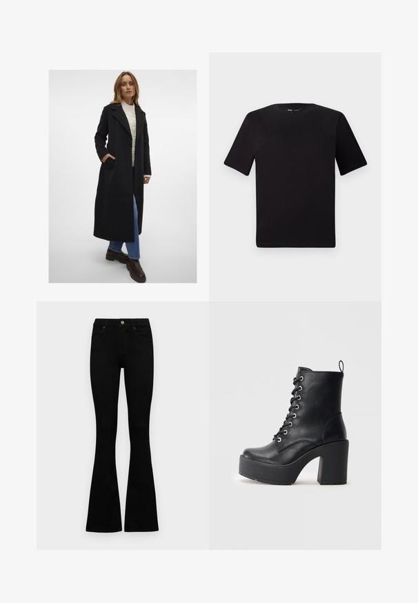 Vero Moda VMFORTUNEAYA LONG COAT - Klassisk kåpe / frakk - black; Svart t-skjorte med korte ermer og rund hals, laget av mykt bomullsstoff. Enkelt design, ingen synlige logoer eller mønstre.; Sorte høytlivsjeans med knapp og glidelås, frontlommer og utsvingte bein liggende flatt på en hvit bakgrunn.; Sorte læder ankelstøvle med en kraftig blokhæl, snøre foran og tekstureret overflade. Har en flap på bagsiden for nem påtagning.