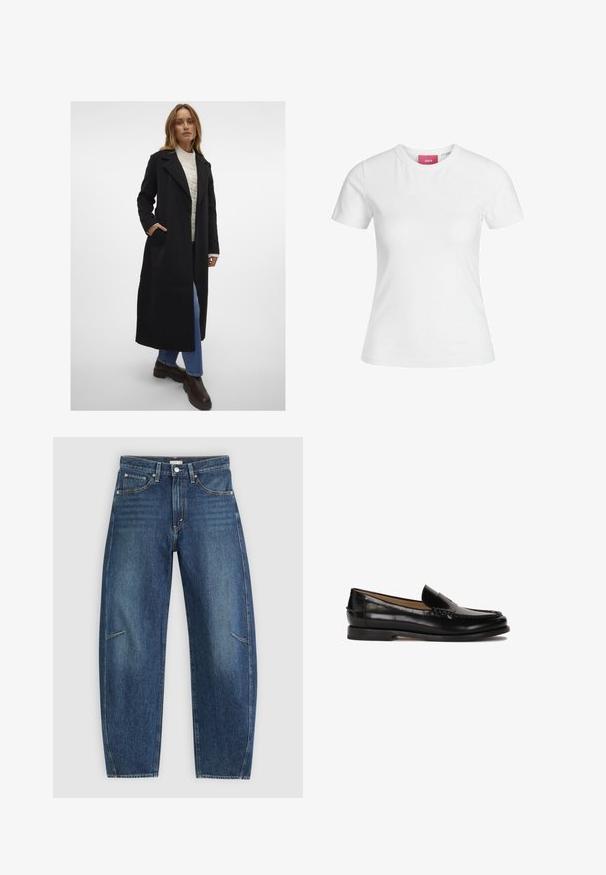 Vero Moda VMFORTUNEAYA LONG COAT - Palton clasic - black; Tricou alb din bumbac, cu mâneci scurte și decolteu rotund. Prezintă o etichetă roz pe gulerul interior. Textură netedă.; Jeans din denim albastru închis, cu design drept, având buzunare frontale, cusături în contrast și o textură ușor decolorată pe picioare.; Loafer din piele neagră, cu vârf rotunjit, design slip-on și detalii subtile de cusătură pe partea superioară. Talpă din cauciuc plat.