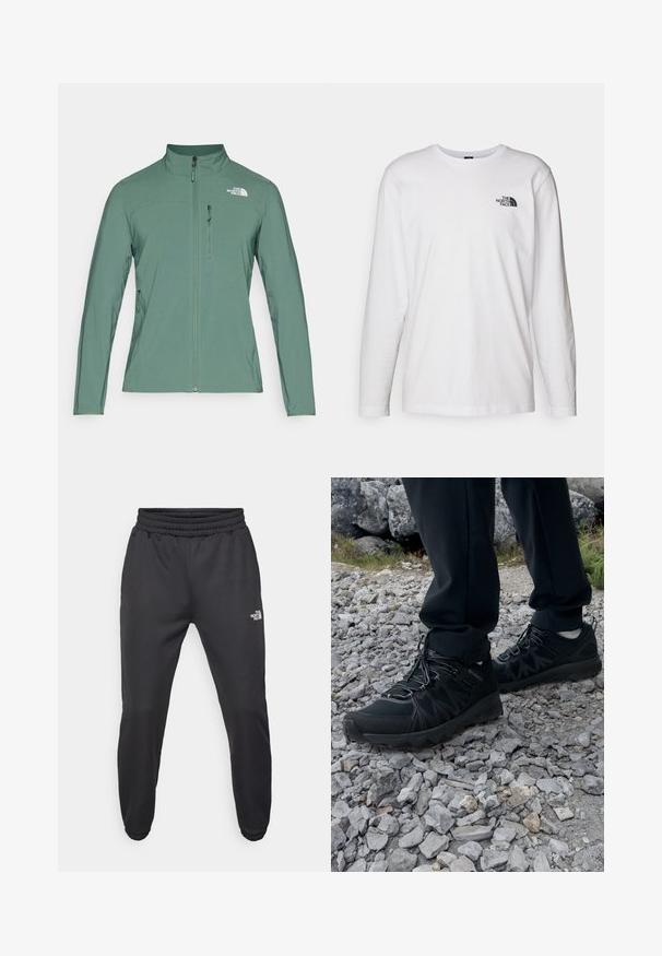 Grøn softshell-jakke med høj krave, fuld frontzip og to lynlåslommer på siderne. Logo på den øverste venstre bryst. Glat tekstur.; Hvid langærmet T-shirt lavet af bomuld med rund hals. Har et lille sort logo på brystet. Glat tekstur, almindelig pasform.; Sorte sweatpants med snor i livet, tætsiddende pasform, elastiske manchetter og et lille hvidt logo på venstre lår, lavet af glat stof.; Sorte udendørssko med mesh og syntetisk materiale, med en tekstureret overdel, sikre snørebånd og en robust ydersål, på klippelandskab.