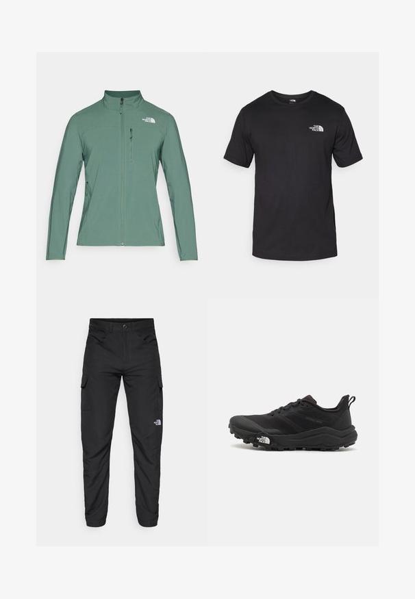 Green softshell jacket featuring a high collar, full front zipper, and two zippered side pockets. Logo on the upper left chest. Smooth texture.; Black short-sleeve t-shirt made of cotton, featuring a round neckline and a small white logo on the upper left chest area.; The North Face HORIZON PANT - Outdoor trousers - black; Black trail running shoe with a textured upper, rubber sole, and reinforced toe cap. Features a padded collar and pull tab for easy wear.