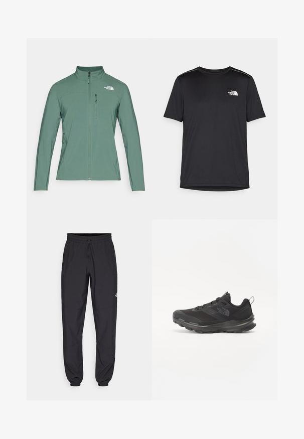 Casaco softshell verde com colarinho alto, fecho frontal completo e dois bolsos laterais com fecho. Logótipo no lado superior esquerdo do peito. Textura suave.; T-shirt preto de manga curta feito de um tecido leve. Apresenta um pequeno logo branco ao lado esquerdo do peito e detalhes subtis nos ombros.; Calças atléticas pretas feitas de tecido leve, com um cós ajustável por cordão, bolsos laterais e punhos afunilados nos tornozelos.; Sapatilha atlética preta com parte superior em malha, sola de borracha e colarinho almofadado. Apresenta atacadores, logótipo de lado e um design texturizado.