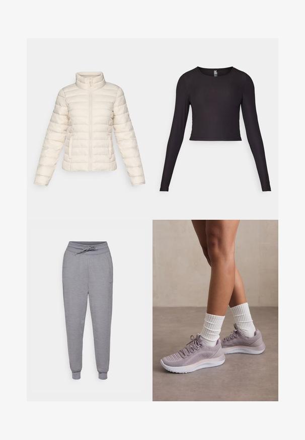 Giacca a vento in morbido beige, con segmenti trapuntati orizzontali, un colletto alto e una zip frontale. Include tasche laterali.; Top cropped a maniche lunghe nero realizzato in tessuto a coste. Presenta un collo rotondo e una silhouette aderente con superficie strutturata.; Pantaloni da jogging grigi a tapered con vita regolabile tramite cordoncino, polsini elasticizzati e un sottile logo Nike sulla coscia sinistra. Tessuto morbido e strutturato.; Scarpe da ginnastica viola chiaro con tomaia in maglia testurizzata, accentuate da una suola intermedia bianca e calze a coste bianche coordinate.