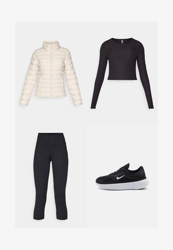 Puff jacket in zacht beige, met horizontaal gestikte segmenten, een hoge kraag en een voorzijde rits. Inclusief zijzakken.; Zwart cropped top met lange mouwen, gemaakt van ribbelstof. Heeft een ronde halslijn en een getailleerde pasvorm met een gestructureerd oppervlak.; Zwarte cropped leggings van rekbaar materiaal, met een hoge tailleband en een gladde textuur, zonder zichtbare patronen of hardware.; Zwarte sportschoen met een bovenwerk van mesh, een gestructureerd ontwerp, ronde neus, witte rubberen zool en een Nike-logo aan de zijkant.