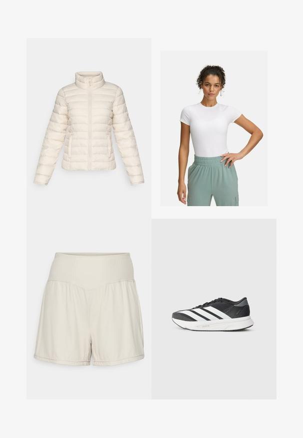 Pūkočių striukė švelnios kreminės spalvos, su horizontaliomis siuvinėtomis juostomis, aukšta apykakle ir priekyje esančia užtrauktuku. Su šoninėmis kišenėmis.; Baltas prigludęs marškinėliai su trumpomis rankovėmis, derinami su šviesiai žaliomis elastingomis kelnėmis. Lygi tekstūra, minimalistinis dizainas, be akivaizdžių raštų.; Šviesiai bežiniai šortai su tekstūruota raištelių juosta, plazdančiu dizainu ir kasdiene pritaikymu. Ypatybes: siūti apvadu ir šoninės plyšys, leidžiančios judėti laisvai.; Juodas sportinis batelis su baltais dryžiais, tinklelio viršus, paminkštintas padas ir šiuolaikiškas dizainas. Pilki akcentai kulne ir liežuvyje.