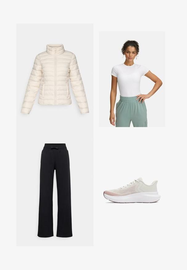 Pufová bunda ve světle béžové barvě, s horizontálně prošívanými segmenty, vysokým límcem a předním zipem. Obsahuje boční kapsy.; Bílá přiléhavá trička s krátkým rukávem, spárované se světlými zelenými kalhotami s elastickým pasem. Hladká textura, minimalistický design a žádné viditelné vzory.; Černé tepláky s širokým střihem, elastickým pasem a detailem mašle. Hladký povrch bez viditelných vzorů nebo kovových prvků.; Lehké sportovní boty s prodyšným bílým síťovaným svrškem, gradientními růžovými akcenty a silnou bílou podrážkou s texturovanými detaily.