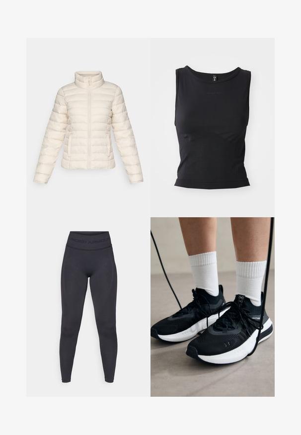 Doudoune en beige doux, présentant des segments quiltés horizontaux, un col montant et une fermeture éclair à l'avant. Comprend des poches latérales.; Haut sportif sans manches noir fabriqué à partir d'un tissu lisse, présentant un col rond et une silhouette ajustée avec un discret logo.; Leggings noirs avec une taille haute élastique arborant le texte "UNDER ARMOUR". Texture lisse avec des accents de motifs subtils le long des jambes.; Chaussures de sport noires en tissu texturé, avec une semelle blanche et des lacets noirs. Portées avec des chaussettes blanches côtelées, debout sur une surface claire.