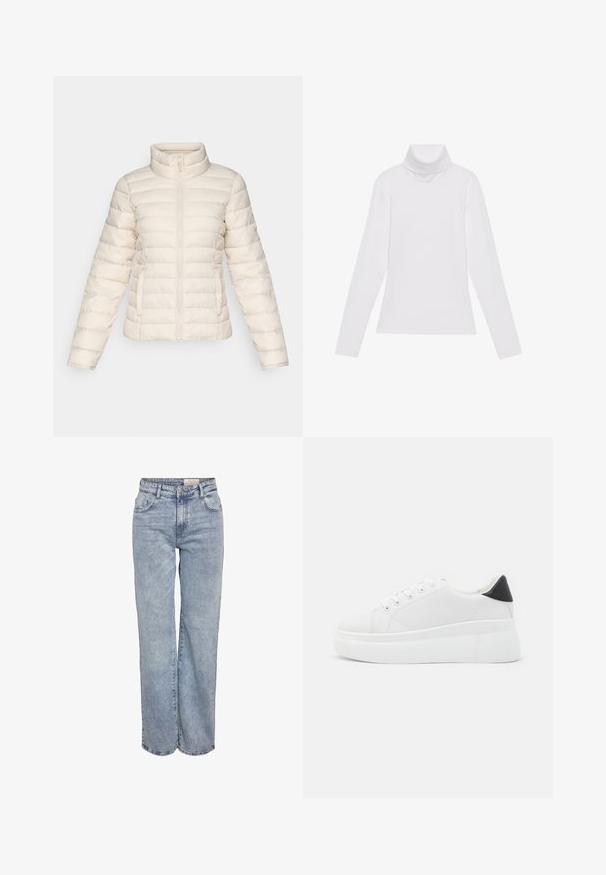 Puf jaka u mekom bež tonu, s horizontalnim kvadrantima, visokim kragnom i prednjim zatvaračem. Uključuje bočne džepove.; Bijela majica dugih rukava s rolificom izrađena od glatkog, rastezljivog materijala. Ima visoki ovratnik i uski kroj, bez vidljivih uzoraka ili ukrasa.; Svijetloplave široke traperice napravljene od denima, s visokim strukom, dizajnom od pet džepova i suptilnim izbljeđivanjem za izgled nošenih traperica.; Bijele platforme tenisice napravljene od glatkog sintetičkog materijala, s okruglim vrhom, dizajnom s vezanjem i teksturiranom gumenom potplatom. Crni detalj na peti.