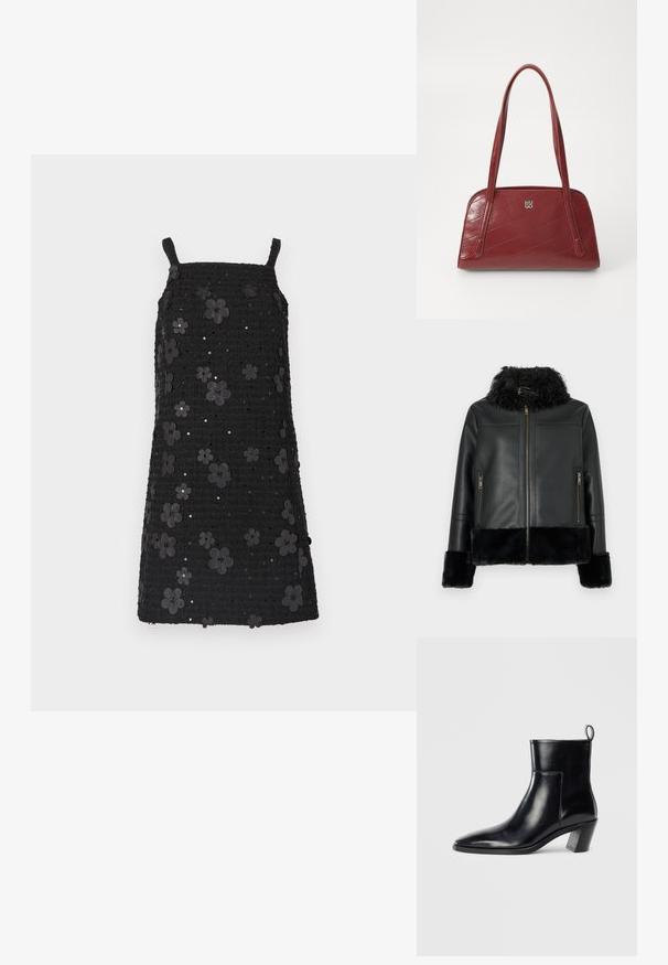 Black leather jacket with a faux fur collar and cuffs, featuring a zip closure and two front zip pockets. Smooth surface texture.; Black sleeveless dress with square neckline, textured fabric, adorned with black flower appliqués and sequins throughout the design.; Black leather ankle boot with a pointed toe, a geometric stacked heel, and a pull tab at the back. Smooth texture and sleek design.; Red quilted handbag made of glossy material, featuring two long handles and a silver logo accent. Diagonal stitching creates texture.