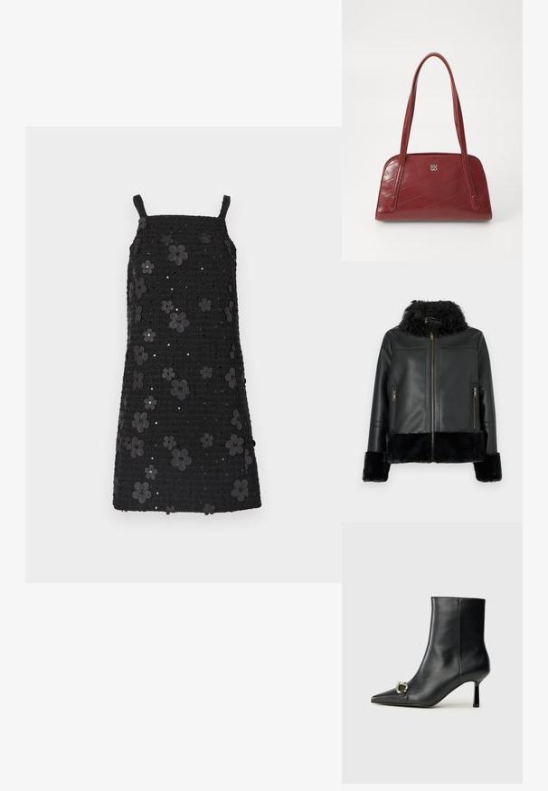 Jachetă de piele neagră cu guler și manșete din blană artificială, prevăzută cu închidere cu fermoar și două buzunare frontale cu fermoar. Textură de suprafață netedă.; Rochie neagră fără mâneci, cu decolteu pătrat, din țesătură texturată, decorată cu aplicații de flori negre și paiete pe întreaga suprafață a modelului.; Botine negre din piele, cu vârf ascuțit, toc subțire de înălțime medie și detaliu cu cataramă argintie pe lateral, pe un fundal simplu.; Geantă de umăr roșie, matlasată, fabricată dintr-un material lucios, având două mânere lungi și un accent cu logo argintiu. Cusăturile diagonale creează textură.