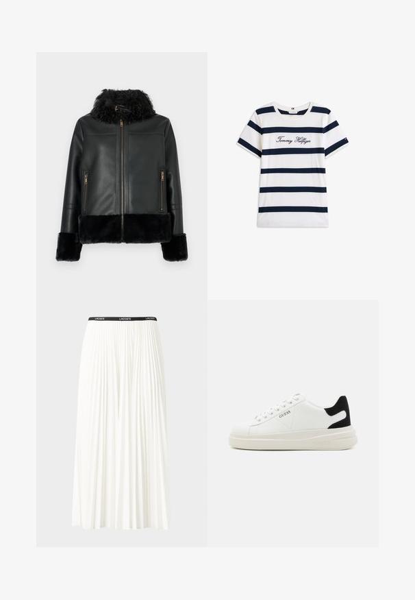 Zwarte leren jas met een nepbontkraag en manchetten, voorzien van een ritssluiting en twee ritssluitingzakken aan de voorkant. Gladde textuur.; Katoenen T-shirt met horizontale marineblauwe strepen op een witte achtergrond. "Tommy Hilfiger" geborduurd in cursieve letters op de borst. Ronde hals.; Plisséminirok in het wit met een zwarte elastische tailleband met het "LACOSTE"-logo. Middellange ontwerp met een zachte textuur.; Witte leren sneakers met een dikke witte zool, zwarte suède hielaccent en een geperst logo op de zijkant. Vetersluiting met zes oogjes.