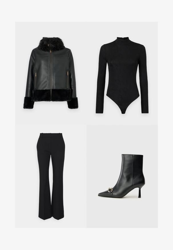 Mustast nahast jakk kunstkarusnahast krae ja varrukakärgedega, millel on lukk ja kaks esimest lukuga taskut. Sile pind.; Mustas pikkade varrukatega bodi kõrge kaelusega ja peene tekstuuriga. Omab seljaosast lukku ja stringi stiilis alumist osa.; Mustad pleeditud püksid sirge lõikega, valmistatud siledast kangast. Omavad kõrget vööd ja peidetud küljetaskuid.; Must mustanvärvi nahast pahklinetopp, millel on terav nina, peen keskmise kõrgusega konts ja hõbedane keha detail külgedel, taustal lihtne taust.