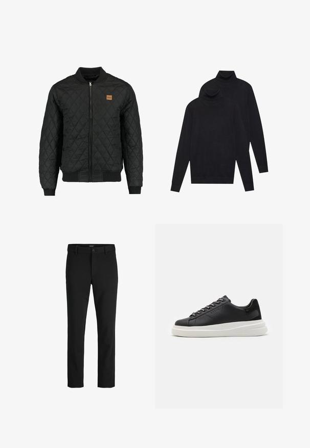 Svart quiltad bomberjacka med dragkedja, ribbstickade muddar och nederkant, samt en liten brun logopatch på bröstet.; Två svarta långärmade polotröjor, enfärgat stickade, staplade med en något bakom den andra på en vit bakgrund.; Svarta byxor av slät tyg, med en klassisk design, rak skärning, framknäppning och sidofickor.; Svart lädersneaker med en vit gummisula, med platta snören och märkta öglor. Mjuk textur med en kontrasterande sidodetalj.