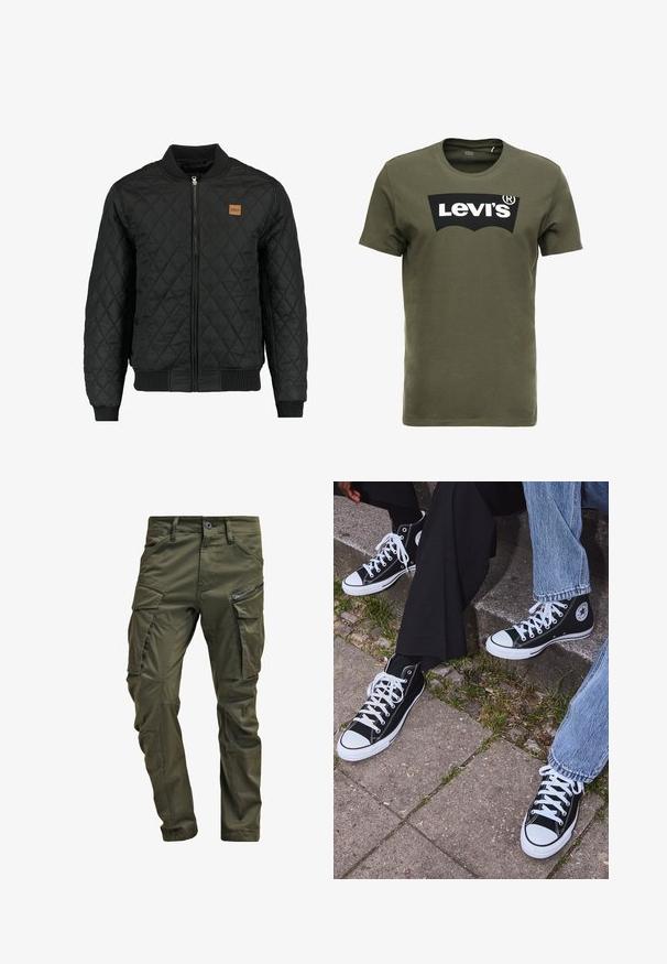 Juodas siuvinėtas bomber stiliaus švarkas su užtrauktuku, raštuotomis rankovėmis ir apačia, bei maža ruda logotipų etikete ant krūtinės.; Olive spalvos medvilnės marškinėliai su dideliu juodu „Levi's“ logotipu priekyje. Klasikinis apvalus kaklas ir trumpi rankovės, glotni tekstūra.; Olive spalvos cargo kelnės, pagamintos iš tvirto medvilnės. Yra keletas kišenių, šonu užtraukiama kišenė ir siaurėjančios kojos su šiek tiek tekstūruotu paviršiumi.; Juoda aukšta avalynė iš kanvos su baltais guminiais padais ir raišteliais, su apvaliu logotipu šone, derinama su džinsais ir juodomis kelnėmis.
