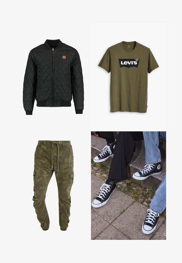 Giacca bomber nera trapuntata con chiusura zip, polsini e orlo a costine, e una piccola toppa con logo marrone sul petto.; T-shirt di cotone verde oliva con un grande logo Levi's nero in una forma semi-arcuata a contrasto sul petto. Vestibilità regolare.; Pantaloni cargo verdi con motivo camouflage, vita con coulisse, polsini elasticizzati e tasche laterali. Realizzati in tessuto resistente.; Sneakers alti neri in tela con suole e lacci bianchi, dotati di un logo circolare di lato e abbinati a pantaloni in denim e neri.