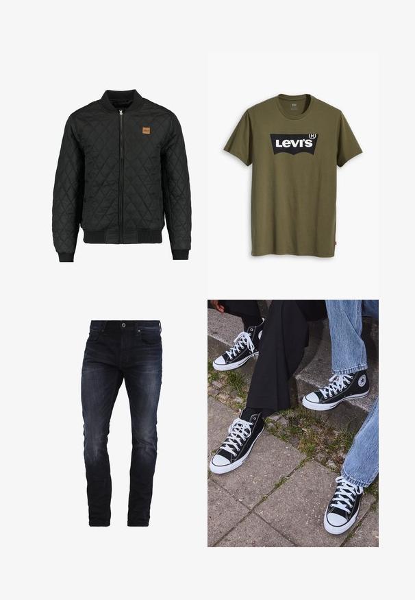 Musta tikkikangas bomberi takki, jossa on vetoketjullinen sulkeminen, ribbattu hihat ja helma sekä pieni ruskea logo-patch rinnassa.; Oliivinvihreä puuvillainen t-paita, jossa suuri musta Levi's-logo kontrastivärisenä puolikaarena rinnalla. Normaali istuvuus.; Tummansiniset slim fit -farkut, joissa on vähäistä kulutusta reiden ja polvien kohdalla. Farkuissa on etupussit, vyölenkit ja nappisuljenta.; Mustat korkeat kangaslenkkarit, joissa on valkoiset kumipohjat ja nauhat, sivussa on pyöreä logo, ja ne on yhdistetty farkkuihin ja mustiin housuihin.
