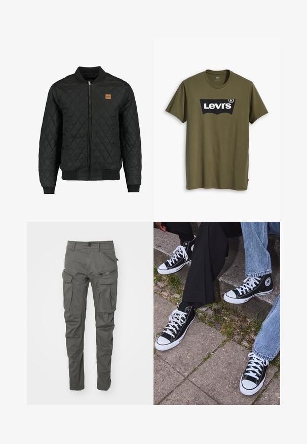 Mustmustatsi musta tikandiga bomber-jakk, millel on tõmbluku sulgemine, soonikkoes mansetid ja alläär ning rindkeres väike pruun logo-patch.; Õliva rohelise puuvillase T-särgiga, millel on suur must Levi'si logo kollase poolkaarekujulisena üle rinna. Regulaarne lõige.; Hallid hallid cargos, mis on valmistatud vastupidavast kangast, mitmete taskute, tõmbluku aktsentide, nööbiga sulgemise ja kitseneva jala kujundusega.; Mustad musta värvi kõrged kanvasist tossud valgete kummitaldade ja nööridega, külgedel ringikujuline logo ning kombineeritud denimist ja mustade pükstega.