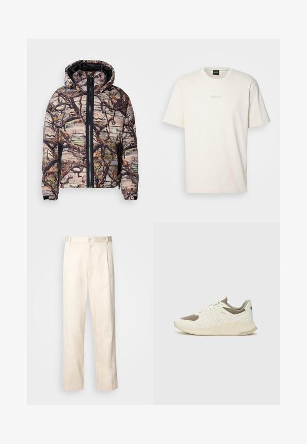 Polsterdatud kamuflaažjakker, millel on puuoksade muster, must tõmblukk ja kapuuts. Materjal näib olevat tekstuurne ja soe, sobib välistingimustes kandmiseks.; BOSS TEE - Lihtne T-särk - open white; Beesidised puuvillased püksid sirge jala lõikega, mis on varustatud nööpkinnituse ja ees olevate voltidega, et lisada detaili.; Valge ja heledat beeži värvi spordijalats, millel on õhuke võrkmaterjal, perforatsioonidega detailid ning tekstuuriga vahetald, millel on brändi logo kannaosas.