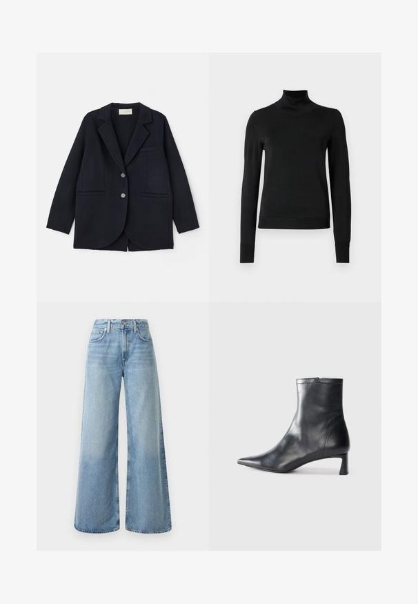 Vanessa Bruno MARC - Klasický kabát - marine; Čierny dlhý rukáv rolák s rebrovanými manžetami a lemom, zobrazený na čistej bielej pozadí.; Svetlomodré džíny s širokými nohavicami a vysokým pásom, obsahujúce štyri vrecká, gombíkový zaväzovací systém a jemné vyblednutie na látke.; Čierne kožené členkové topánky s špicatou špičkou a elegantným dizajnom. Majú nízky podpätok a zips na zadnej strane. Hladká textúra.