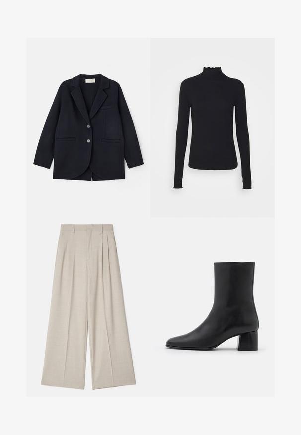 Vanessa Bruno MARC - Klasický kabát - marine; Černý dlouhý rukáv rolák vyrobený z hladkého materiálu, s volánkovým límcem a přiléhavým střihem s jednoduchými okraji.; Béžové kalhoty s širokými nohavicemi a hladkou texturou, s předními sklady, plochým pasem a ušitými, volnějšími linijemi.; Černé kožené kotníkové boty s špičatou špičkou a robustním čtvercovým podpatek. Hladká textura s bezšvovým designem a minimalistickým prošíváním.