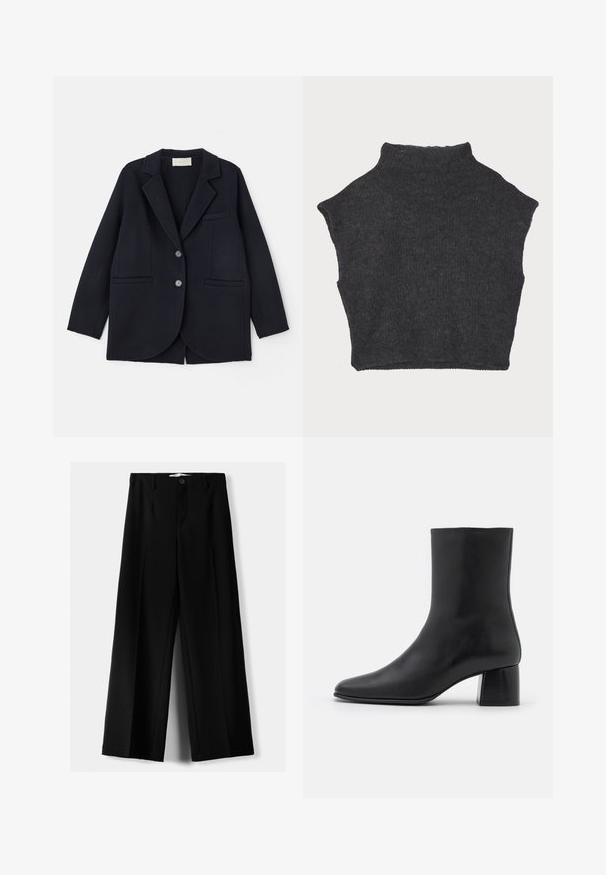 Vanessa Bruno MARC - Palton clasic - marine; Pulover scurt, de culoare gri închis, cu guler înalt, fabricat dintr-un material tricotat texturat, având mâneci scurte și un tiv drept la baza.; Pantaloni negri cu picior larg, fabricați dintr-un material ușor, cu închidere frontală cu nasture și față plată, având tivuri cusute cu atenție.; Botine negre din piele, cu vârf ascuțit și toc pătrat masiv. Textură netedă, cu un design fără cusături și cusături minimaliste.