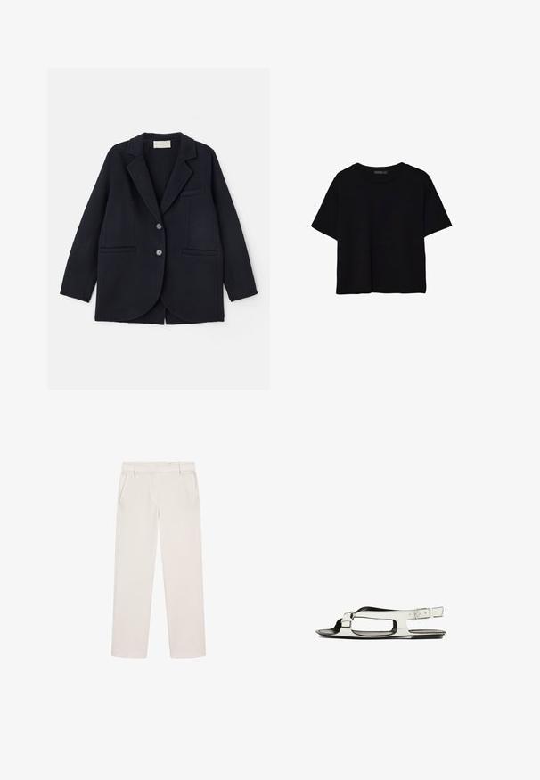 Vanessa Bruno MARC - Mantel - marine; Stradivarius REGULAR FIT - T-shirt basic - black; Off-white rechte pijpenbroek met riemlussen, zijzakken en een verstopte sluiting aan de voorkant.; Witte leren sandaal met een platte zool, open teenontwerp en een zijgesp. Heeft uitsparingen langs de zijkanten.
