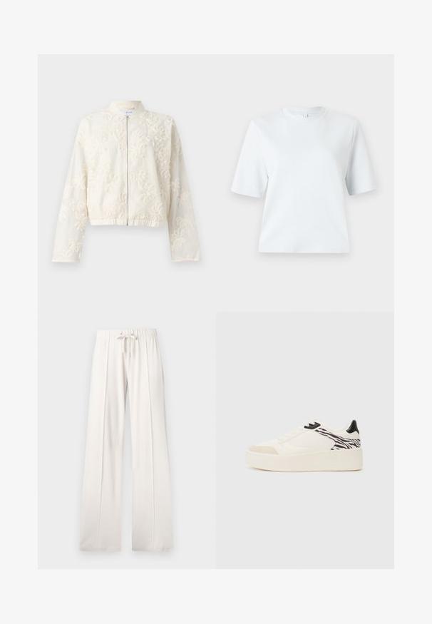 Jachetă bomber albă brodată, cu fermoar în față, tiv elastic și mâneci lungi. Modelul floral acoperă țesătura ușoară.; Tricou scurt cu mânecă, de culoare bleu deschis, fabricat din bumbac moale. Are un decolteu clasic rotund și o croială lejeră, fără modele sau accente.; Pantaloni de trening bej deschis, confecționați dintr-un material moale, având o talie cu șnur, picioare largi și cusături verticale, cu o textură netedă.; Even&Odd Sneakers low - white/black
