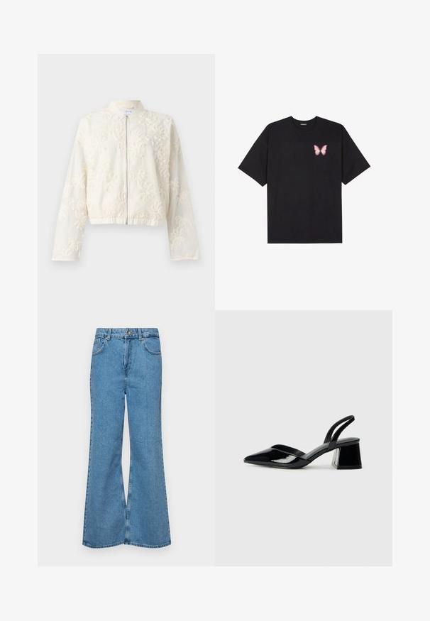 Brodert hvit bomberjakke med glidelås foran, elastisk nederkant og lange ermer. Blomsterdesign dekker det lette stoffet.; Svart bomulls T-skjorte med korte ermer, med en liten rosa sommerfugl grafikk på venstre bryst. Crew-neck design med en avslappet passform.; Lyseblå vide jeans laget av denim, med høyt liv, fem lommer og en enkelt knappelukking. Myk tekstur med falmet finish.; Svarte patentlær slingback hæler med spiss tå og geometrisk blokk hæl. Har et stilrent, minimalistisk design og jevn tekstur.