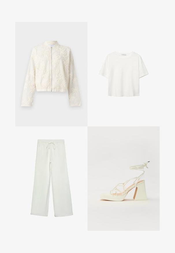 Vyšívaná biela bomber bunda so zipsom vpredu, elastickým lemom a dlhými rukávmi. Kvetinové vzory pokrývajú ľahkú tkaninu.; Biela krátkopsová tričko vyrobené z bavlny. Má okrúhly výstrih a voľný strih. Hladká textúra bez viditeľných vzorov alebo akcentov.; Biele nohavice s širokými nohavicami vyrobené z mäkkej tkaniny. Majú elastický pás s šnúrkou a hladký povrch. Žiadne viditeľné vzory ani kovania.; Biele sandále na vysokom opätku s hrubým podpätkom, s pruhovaným dizajnom a viazaním na členku. Hladký povrch s platformou vpredu pre zvýšenú výšku.