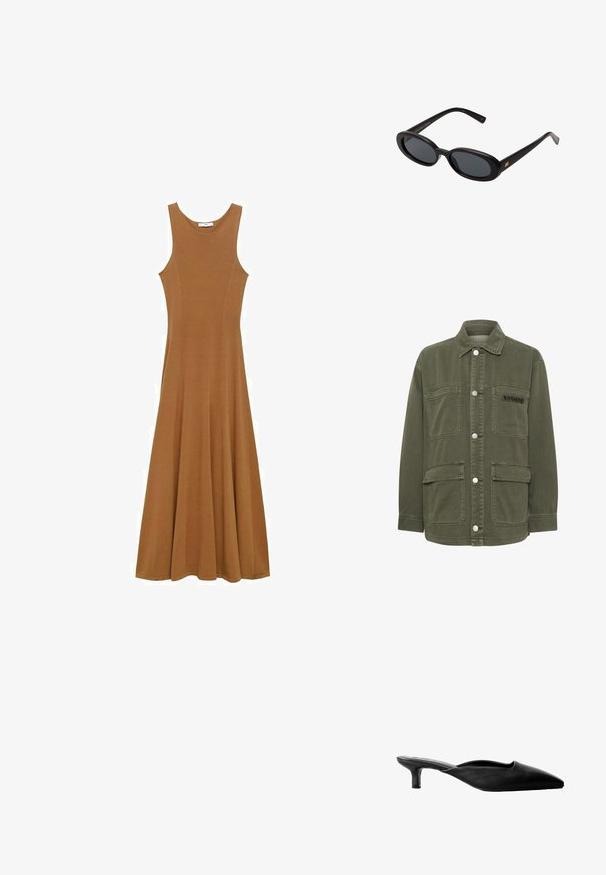 Kaffe SISSE - Letná bunda - grape leaf; Hnedé bezrukávové maxi šaty vyrobené z jemného materiálu, s priliehavým telom a rozšírenou sukňou. Jednoduchý dizajn bez viditeľných vzorov alebo akcentov.; Čierne kožené muly na podpätku s špicatou špičkou, otvorenou zadnou časťou a nízkym blokovým podpätkom. Hladká textura s minimalistickým dizajnom.; Čierne oversized slnečné okuliare s oválnymi šošovkami, hladkým plastovým rámom a zlatými akcentmi na straniciach. Tmavé šošovky poskytujú ochranu pred slnkom.
