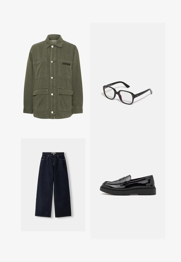 Kaffe SISSE - Poletna jakna - grape leaf; Črna majica s puloverjem in dolgimi rokavi, izdelana iz rebraste tkanine, ima prilegan kroj s visokim ovratnikom in brez vzorcev ali okrasnih elementov.; Temno modri široki jeans z visokim pasom, petimi žepi, kontrastnim šivanjem in srebrnim kovinskim okovjem. Gladka tekstura in čista končna obdelava.; Črne lakirane usnjene loafers čevlje z zaobljenim nosom, okrasno spono in debelim črnim gumijastim podplatom. Gladka sijajna tekstura z minimalnim šivanjem.; Črne pravokotne očala z prozornimi lečami, z zaobljenimi robovi in stranskimi dodatki, z gladkim finišem na okvirju in ročajih.