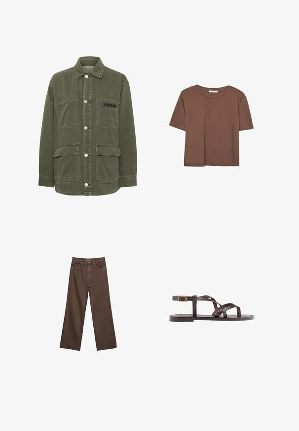 Kaffe SISSE - Tunn jacka - grape leaf; Brun kortärmad t-shirt i mjukt tyg, med rund halsringning och avslappnad passform. Inga synliga mönster eller detaljer.; Breda bruna jeans i denim med hög midja, framfickor och klassisk knäppning. Slät textur med subtil sömnad.; Bruna lädersandaler med korsade remmar, spänne runt vristen och en platt sula med minimala sömnadsdetaljer.