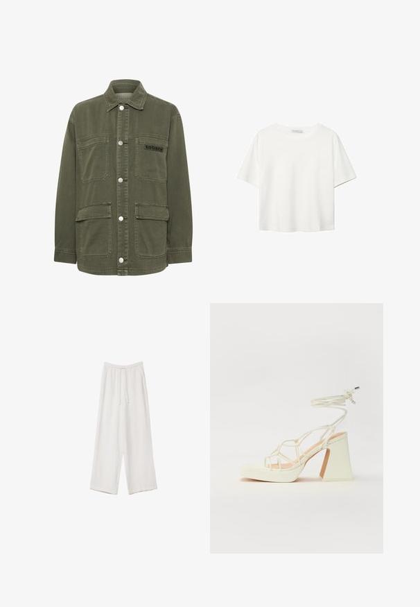 Kaffe SISSE - Leichte Jacke - grape leaf; Weißes T-Shirt mit kurzen Ärmeln aus Baumwolle. Hat einen Rundhalsausschnitt und eine lockere Passform. Glatte Textur ohne sichtbare Muster oder Akzente.; Weiße weit geschnittene Hose aus leichtem Stoff. Mit einem elastischen Bund und Kordelzug sowie Seitentaschen. Glatte Textur.; Weiße High-Heel-Sandale mit einem klobigen Absatz, die über ein Riemchendesign und ein Knöchelband verfügt. Glatte Textur mit einer Plattform vorne für zusätzliche Höhe.