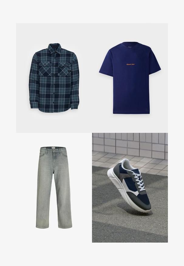 Jack & Jones JCODARREN TAPE - Casaco de verão - navy; T-shirt de algodão azul-marinho com mangas curtas. Apresenta um pequeno logótipo bordado laranja no peito. Design clássico de gola redonda.; Jeans soltos de cor cinza claro feitos de denim. Apresentam um design clássico de cinco bolsos, passadores para cinto e uma silhueta de perna reta.; Sapatilha com parte superior em malha azul-marinho, detalhes em camurça cinza, sola de borracha branca e atacadores brancos planos, projetada para conforto e respirabilidade.