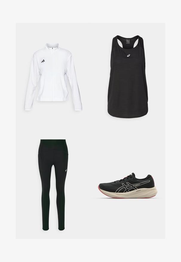 adidas Performance ADIZERO ESSENTIALS - Športna jakna - white; Črn atletski top brez rokavov, izdelan iz lahkega materiala. Ima okroglo ovratnico, obliko racerback in majhen beli logotip na sprednji strani.; Črne legice z visokim pasom, ki imajo gladko teksturo in stranske žepke. Diskretni odsevni akcenti in detajl z logotipom sta prisotna.; Črne tekaške copate z mrežasto zgornjim delom in belimi detajli. Imajo udobno srednjo podplato in rdeč podplat. Lahka zasnova.
